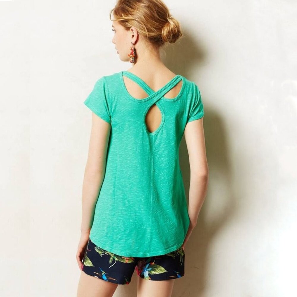 2/$30 Anthropologie Left of Center Lunation Tee Crisscross Back Green XS #A1593